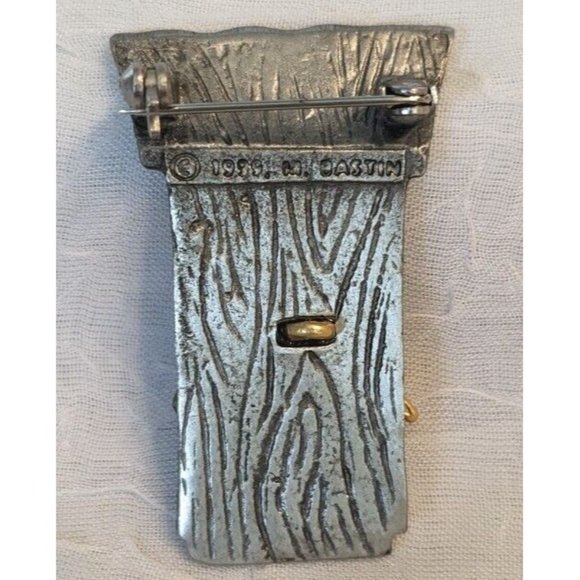 M. Bastin Birdhouse Signed Brooch Pinback Pewter Vtg 1999 Gold Tone Lapel Nature - Picture 11 of 12